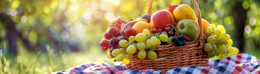A wicker basket overflowing with colorful and juicy fruits A wicker basket overflowing with colorful and juicy fruits