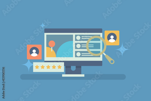 Search engine result page with business listing, SERP maps. Business location on search engine with customer rating and review. Vector illustration with icons.