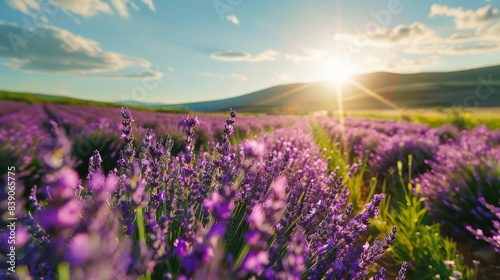 A lush lavender field under the bright summer sun, displaying rows of vibrant purple blooms against a natural backdrop photo
