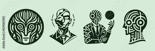Circle portals, teleport, hologram gadget. Blank display, stage or magic portal, podium. Humanoid face of mechanical cybor.