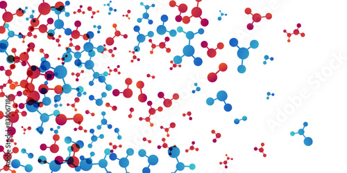 Vertical border with molecules, data or other tech structure elements. Pharmacy, biotechnology or chemistry design concept. Vector decoration element in red and blue colors
