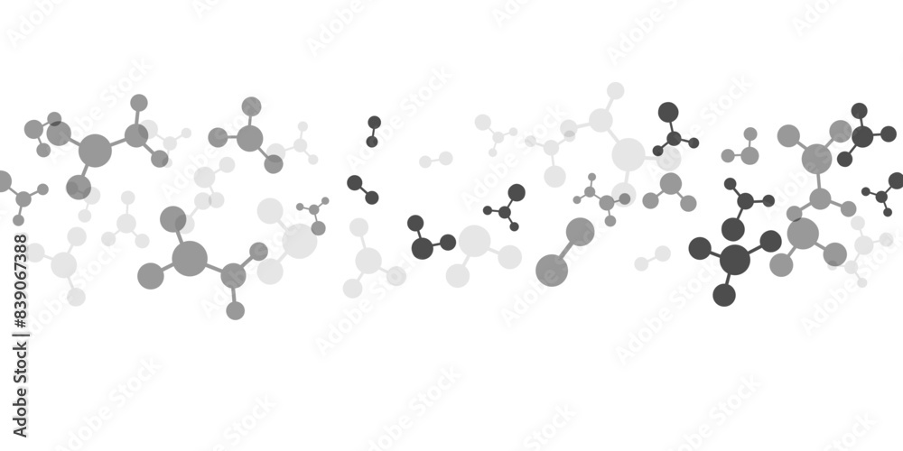 Horizontal border with molecules, data or other tech structure elements. Pharmacy, biotechnology or chemistry design concept. Vector decoration element in gray colors Horizontal border with molecules, data or other tech structure elements. Pharmacy, biotechnology or chemistry design concept. Vector decoration element in gray colors