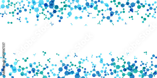 Top and down borders with molecules, data or other tech structure elements. Pharmacy, biotechnology or chemistry design concept. Vector decoration element in green and blue colors