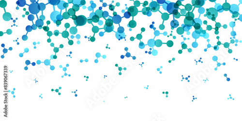 Top border with molecules, data or other tech structure elements. Pharmacy, biotechnology or chemistry design concept. Vector decoration element in green and blue colors