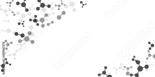 Corners with molecules, data or other tech structure elements. Pharmacy, biotechnology or chemistry design concept. Vector decoration element in gray colors