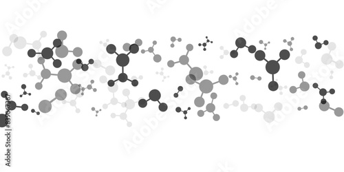 Horizontal border with molecules, data or other tech structure elements. Pharmacy, biotechnology or chemistry design concept. Vector decoration element in gray colors