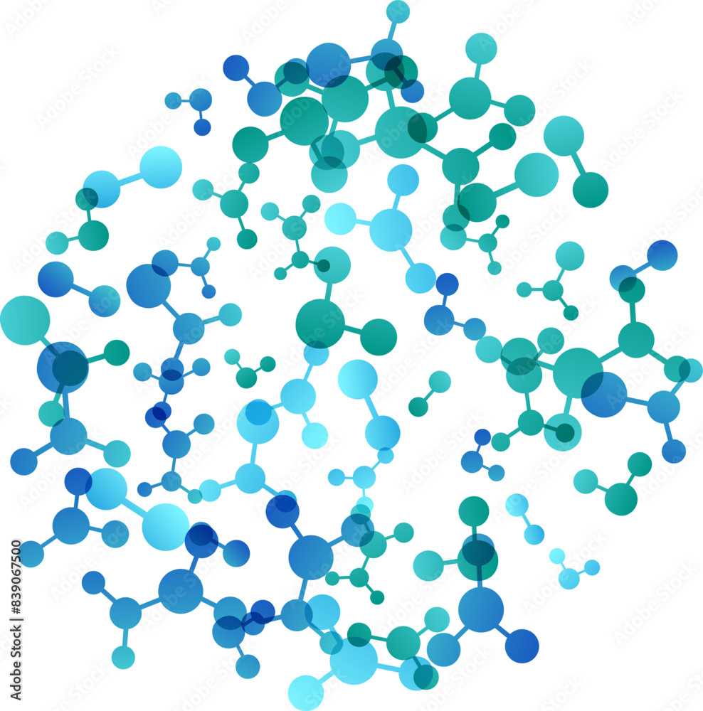 Circle with molecules, data or other tech structure elements. Pharmacy, biotechnology or chemistry design concept. Vector decoration element in green and blue colors