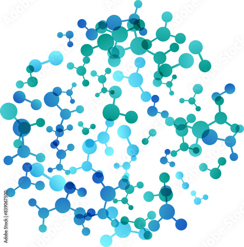 Circle with molecules, data or other tech structure elements. Pharmacy, biotechnology or chemistry design concept. Vector decoration element in green and blue colors