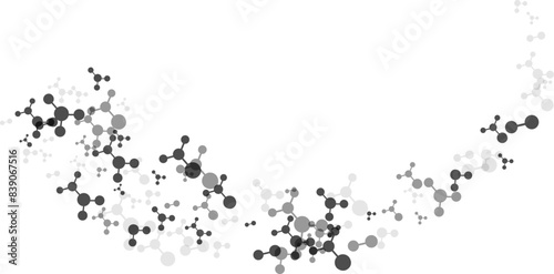 Wavy effect with molecules, data or other tech structure elements. Pharmacy, biotechnology or chemistry design concept. Vector decoration element in gray colors