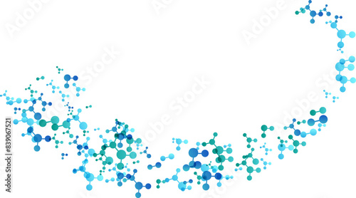 Wavy effect with molecules, data or other tech structure elements. Pharmacy, biotechnology or chemistry design concept. Vector decoration element in green and blue colors