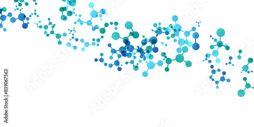 Wavy effect with molecules, data or other tech structure elements. Pharmacy, biotechnology or chemistry design concept. Vector decoration element in green and blue colors