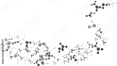 Wavy effect with molecules, data or other tech structure elements. Pharmacy, biotechnology or chemistry design concept. Vector decoration element in gray colors