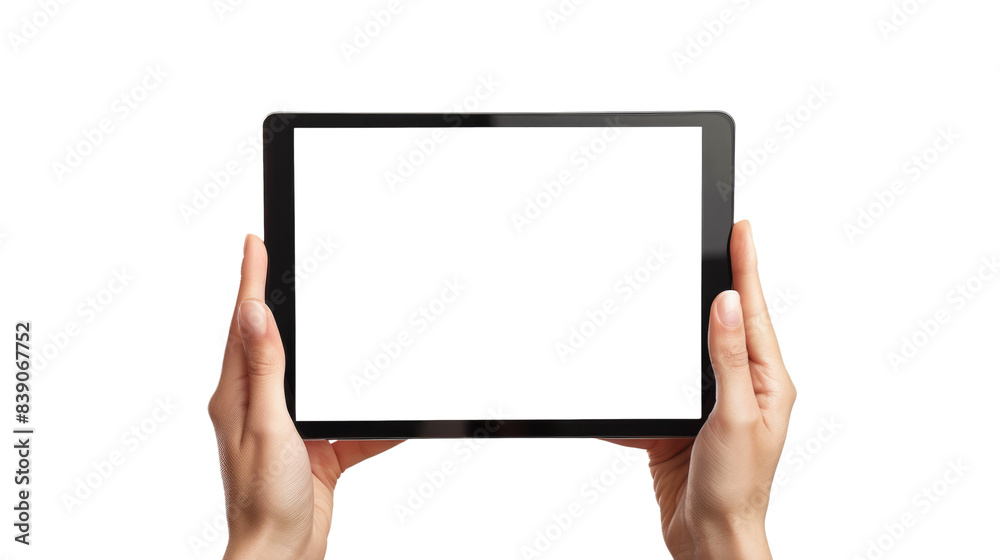 human hand holding tablet with blank white or transparent display human hand holding tablet with blank white or transparent display