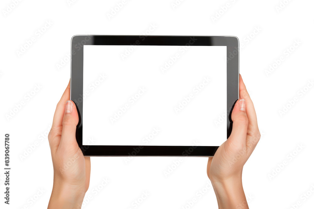human hand holding tablet with blank white or transparent display human hand holding tablet with blank white or transparent display