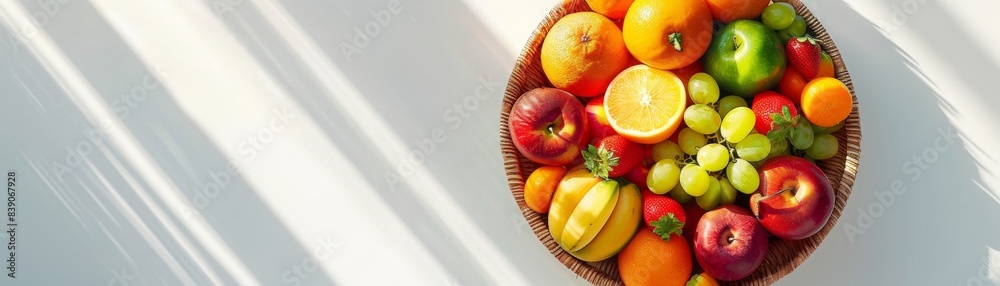 A topdown view of a basket filled with colorful fruits with light shining down A topdown view of a basket filled with colorful fruits with light shining down