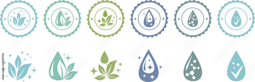 Antibacterial labels set. Vector badges with clean drop with fresh leaves and sparklers for package design. Antibacterial labels set. Vector badges with clean drop with fresh leaves and sparklers for package design.