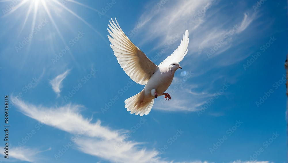 Fototapeta premium White dove in flight against the blue sky. Symbol of peace, goodness and purity