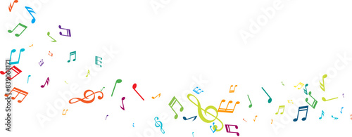 Wavy line from flying music notes. Vector decoration element in rainbow colors.