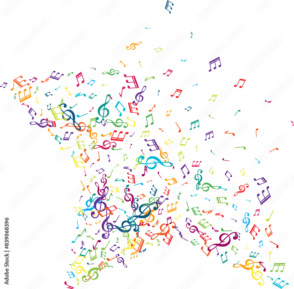 Star shape from flying music notes. Vector decoration element in rainbow colors.