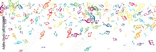 Top border from flying music notes. Vector decoration element in rainbow colors.