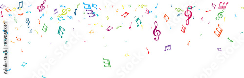 Top border from flying music notes. Vector decoration element in rainbow colors.