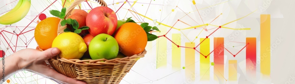 A hand holding a basket full of fresh fruits, isolated on a white background, bright and colorful, high resolution, ideal for advertisements promoting healthy eating and lifestyle