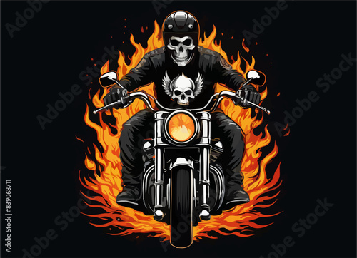 Vector t-shirt design with biker with human skull
and fire on black background.
Fashionable print for fabric, paper, men clothing,
hoodie, biker jacket. T shirt template with flame.