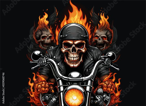 Vector t-shirt design with biker with human skull
and fire on black background.
Fashionable print for fabric, paper, men clothing,
hoodie, biker jacket. T shirt template with flame.