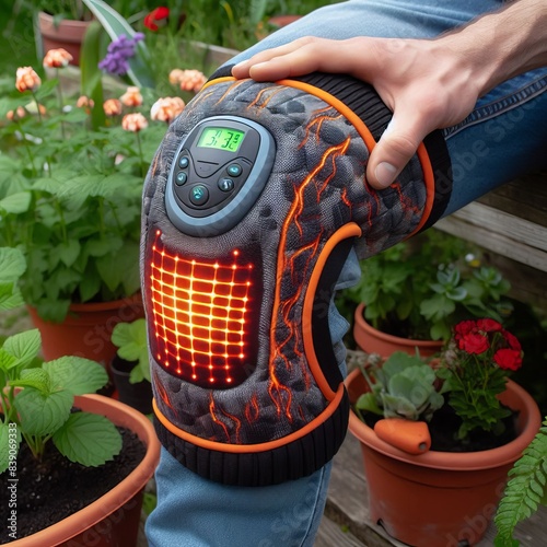 A heated gardening knee pad relieving discomfort and promoting w photo