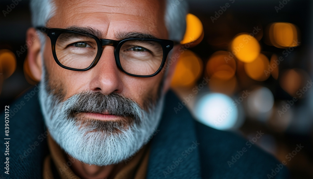 Portrait of handsome mature man with grey hair and beard wearing eyeglasses
