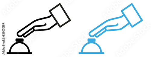Hand touching service bell icon mark in filled style