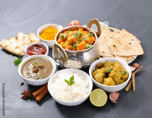 Assorted indian food on black background. photo