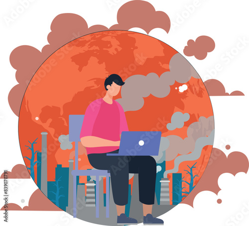 A boy is working on laptop.