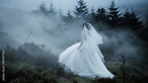 The bride is walking in the woods on her wedding day photo