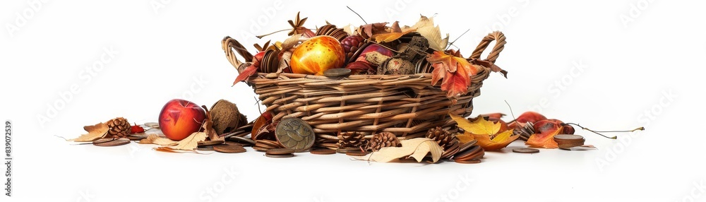 A wicker basket filled with rotten fruits and flies buzzing around, isolated on a white background, decayed and unsightly, perfect for themes of waste and neglect A wicker basket filled with rotten fruits and flies buzzing around, isolated on a white background, decayed and unsightly, perfect for themes of waste and neglect