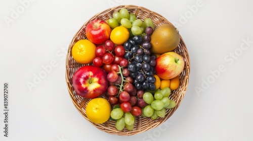 A topdown view of a basket filled with vibrant and juicy fruits, neatly arranged, isolated on a white background, high quality, suitable for food and nutrition promotions