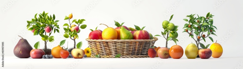 A basket of assorted fresh fruits with small growing trees beside it A basket of assorted fresh fruits with small growing trees beside it