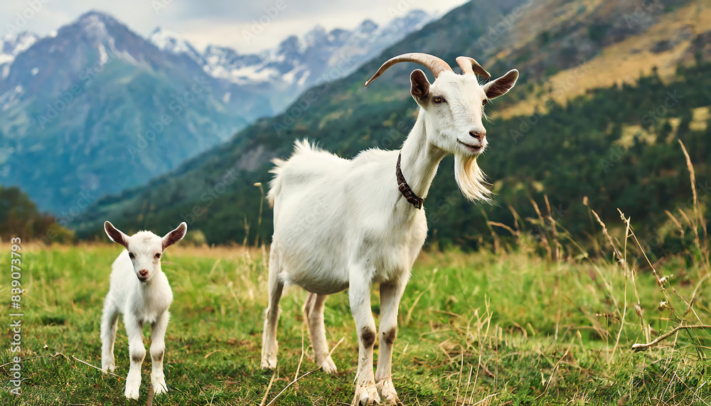 Goat and kid grazing in the meadow: Livestock, Dairy Products and Goat Meat Production. Goat and kid grazing in the meadow: Livestock, Dairy Products and Goat Meat Production.