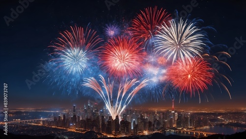 Colorful fireworks are released over a city skyline. Independence Day concept © Leohoho