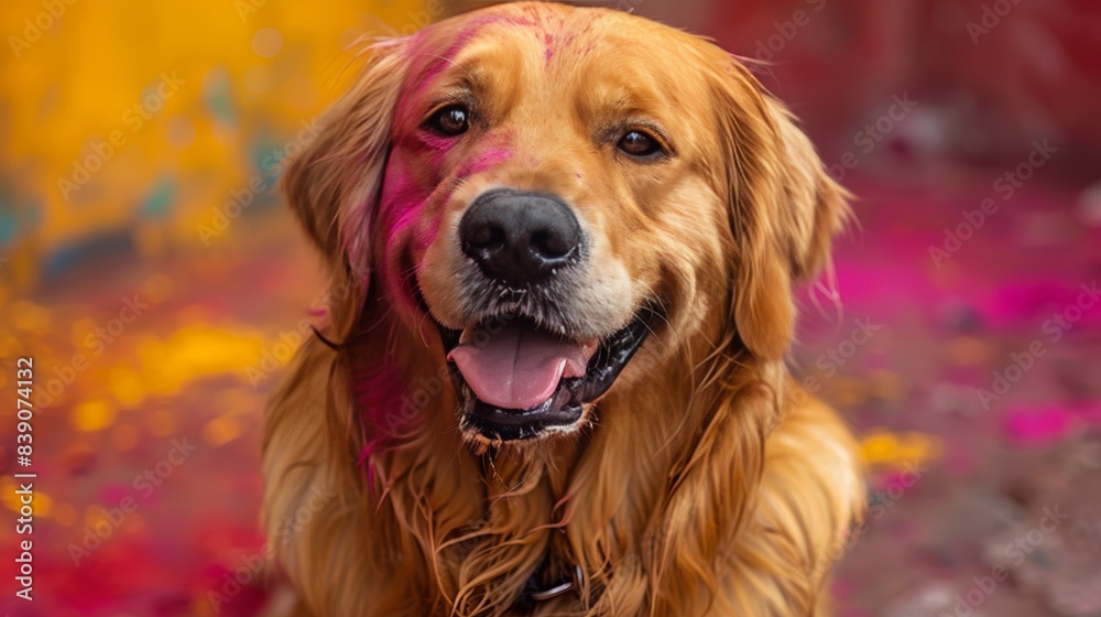 Playful dog joyfully leaps among vibrant holi festival colors, creating a lively scene Playful dog joyfully leaps among vibrant holi festival colors, creating a lively scene