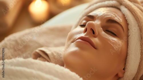 Face young woman doing facial skin care in a beauty salon, close up view.