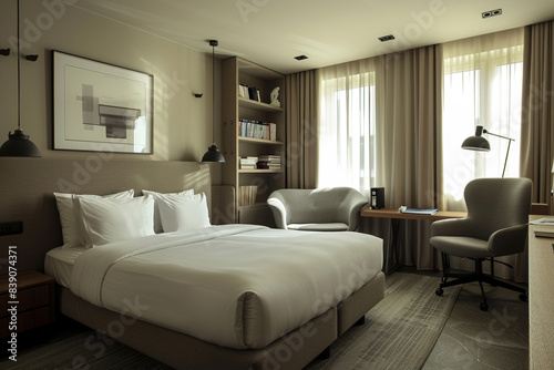A serene hotel single bedroom with a plush bed  a reading nook with a comfortable chair  and a modern work desk.