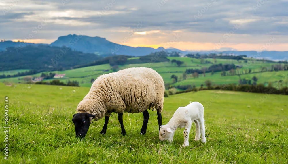 Sheep and her lamb grazing in the meadow. Livestock, Dairy, and Sheep Milk Products and Sheep Meat Production Sheep and her lamb grazing in the meadow. Livestock, Dairy, and Sheep Milk Products and Sheep Meat Production