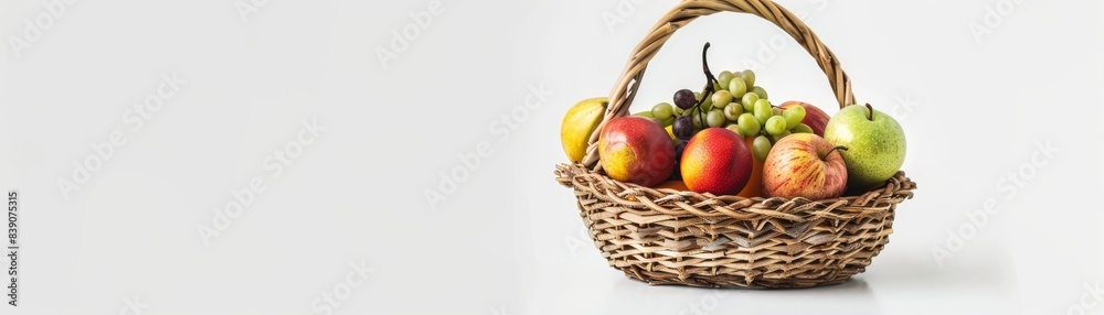 A wicker basket filled with a variety of fruits and light shining down, isolated on a white background, vibrant and radiant, perfect for fresh produce and healthy living themes A wicker basket filled with a variety of fruits and light shining down, isolated on a white background, vibrant and radiant, perfect for fresh produce and healthy living themes