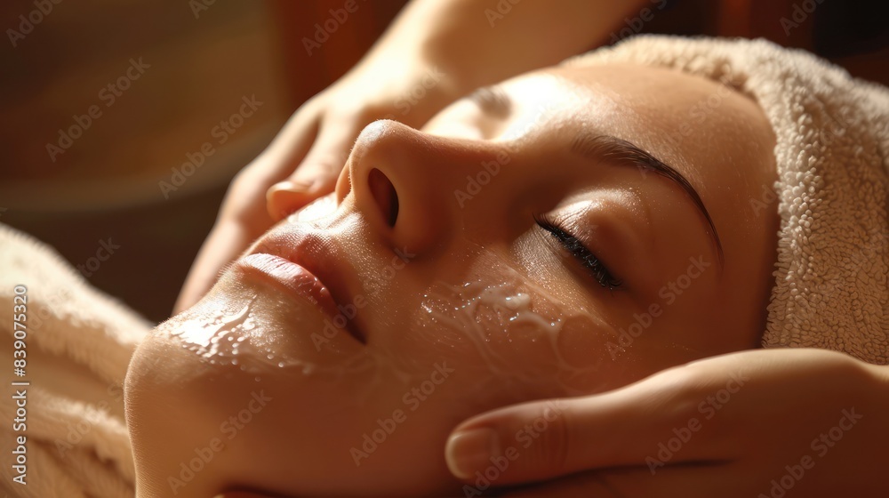 Naklejka premium Face young woman doing facial skin care in a beauty salon, close up view.