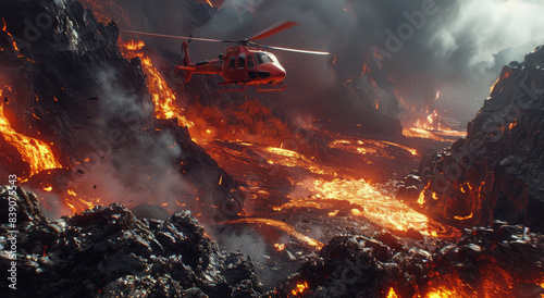 Red Helicopter Flying Over Molten Lava Flows in a Volcanic Landscape