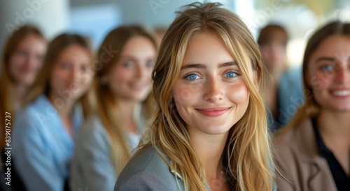 Young Woman Smiling in a Crowd at a Business Meeting