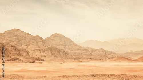 Landscape of mountains and rocks in the desert.