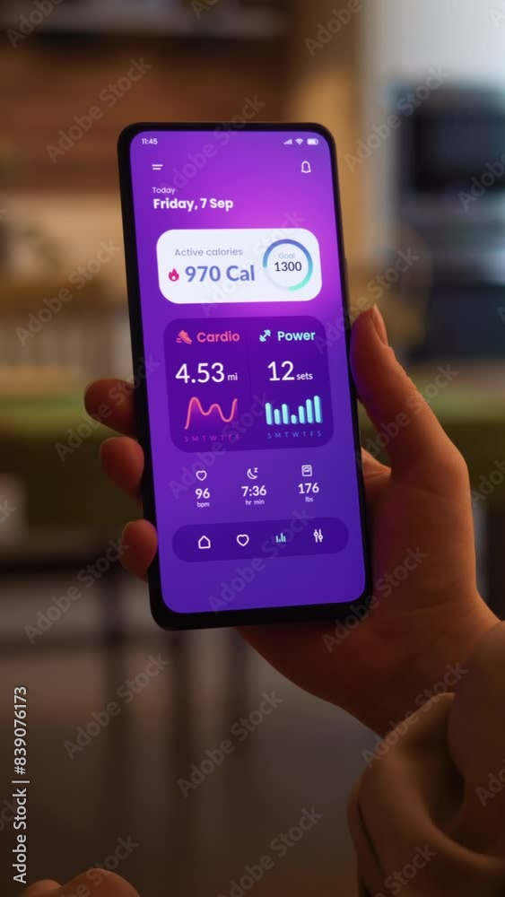 Tracking fitness activity on a smartphone. Checking workout statistics using app for mobile phone. Fictional Interface, vertical video.