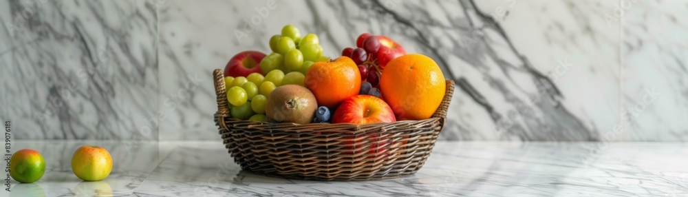 A stylish wicker basket filled with colorful and juicy fruits A stylish wicker basket filled with colorful and juicy fruits
